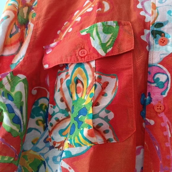 LRL Orange Multicolored Watercolor Cotton Silk Button Down Shirt M - Picture 6 of 10